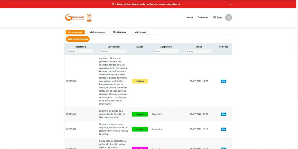 area clientes incidencias