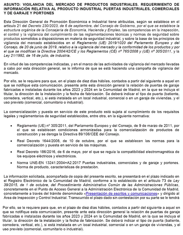 Carta de inspección de Marcado CE para puertas de garaje, comerciales e industriales