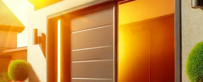 Una puerta de garaje batiente que se encuentra en una situación de extrema calor como ejemplo para saber como protegerla.