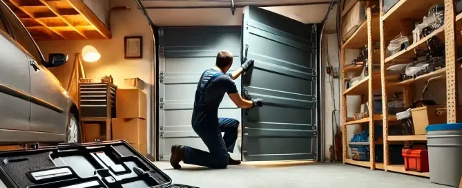 Técnico revisando una puerta de garaje batiente