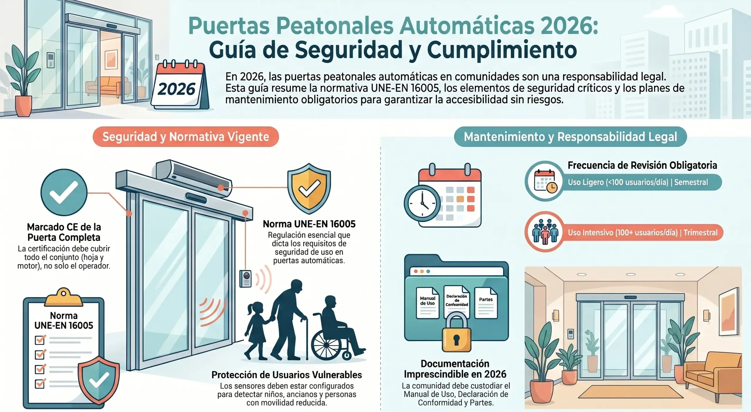Puertas peatonales automáticas en portales: descubre la normativa, los sensores y el mantenimiento que no se debe ignorar en 2026 - Guia de Puertas Automaticas 2026 scaled puertas automaticas