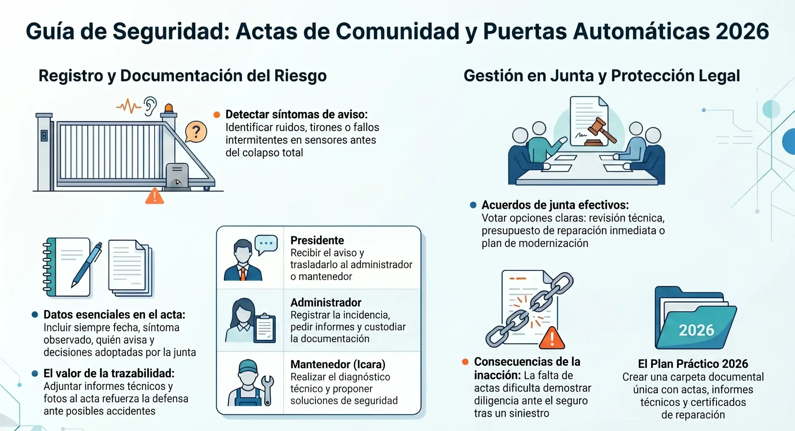Acta de comunidad y puerta automática: guía esencial para documentar avisos de riesgo antes de una avería en 2026 - Guia seguridad puertas automaticas 2026 scaled puertas automaticas